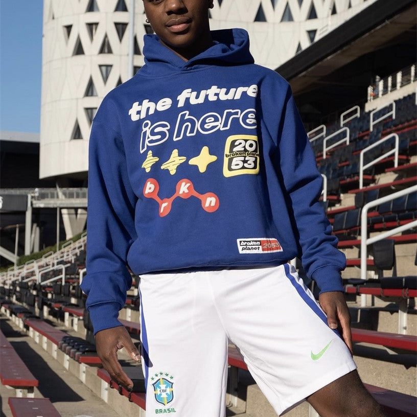 Men's blue graphic pullover hoodie, view 1